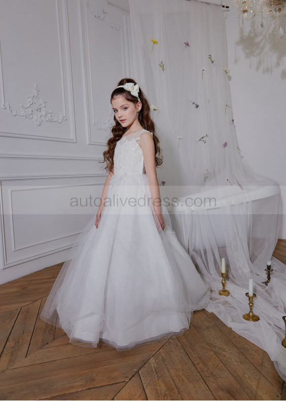 Beaded Ivory Lace Tulle Long Flower Girl Dress